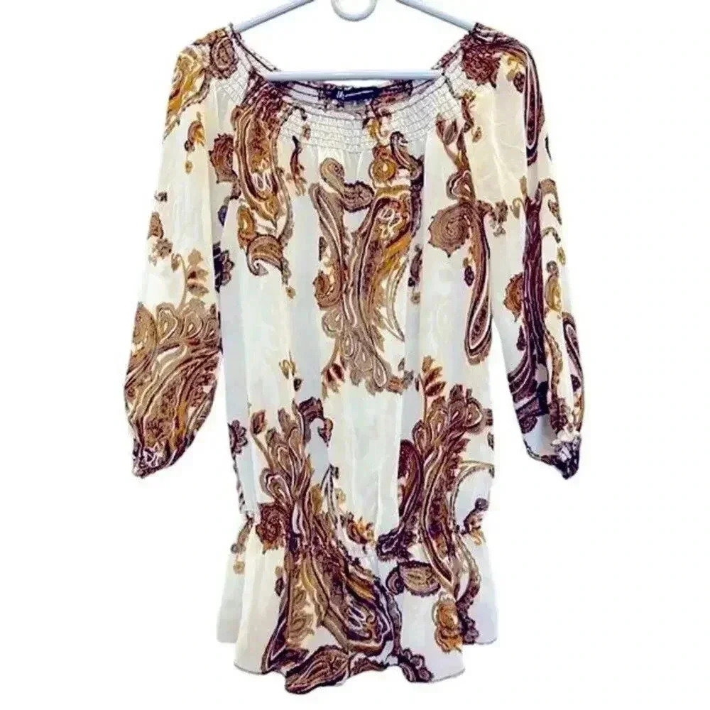 INC international concepts women’s size 6 sheer blouse brown & white paisley